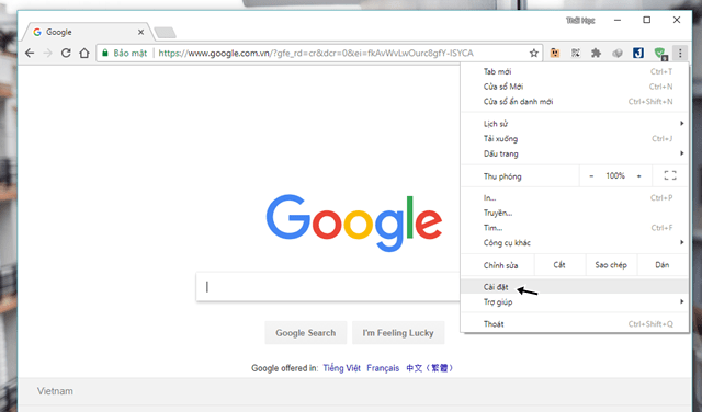 Bước 1: Nhấn vào biểu tượng menu mở rộng của Chrome và nhấn Cài đặt.